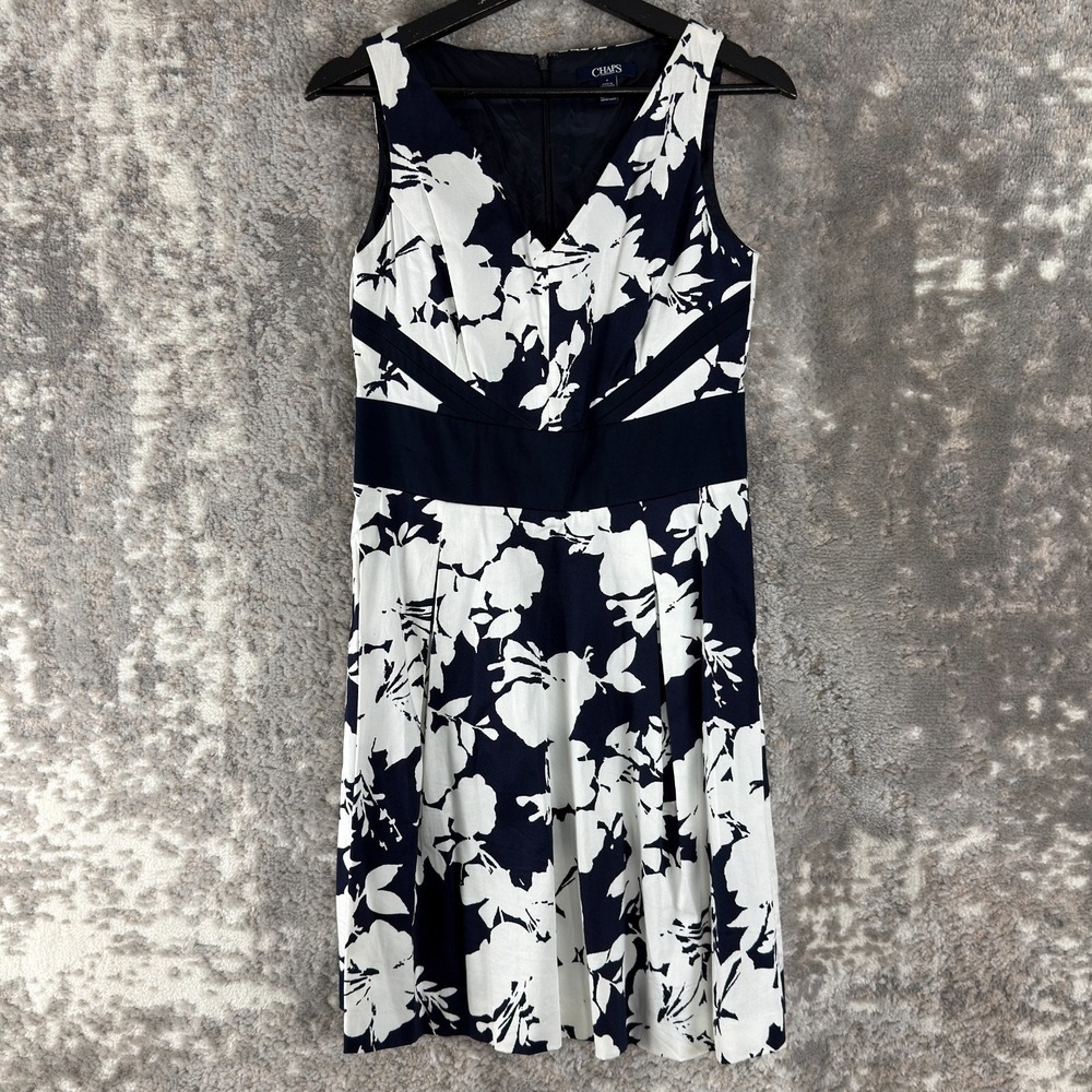 Chaps Size 4 Dark Floral Tropical Mini Fit Flare Dress Navy White Sleeveless Zip